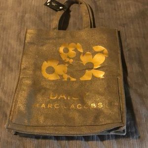 Marc Jacobs Daisy Burlap Canvas Tote Bag Travel Lined Gold Flowers Side Pocket